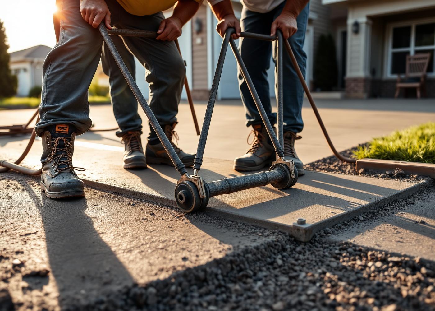 Crew finishing a fresh residential concrete driveway