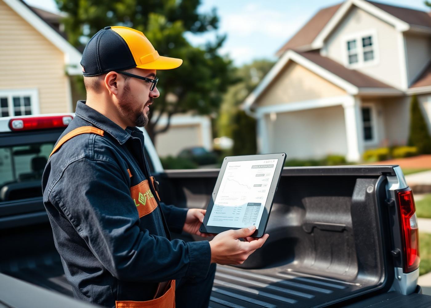 Contractor reviewing pipeline numbers on a tablet at his truck