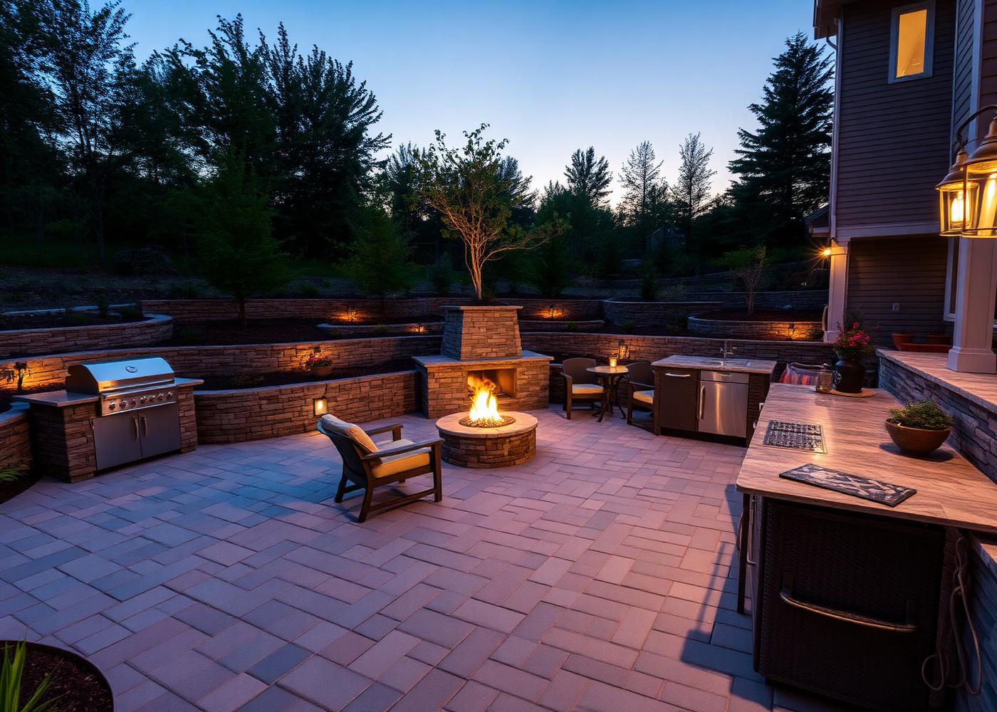 Backyard paver patio with fire pit at dusk