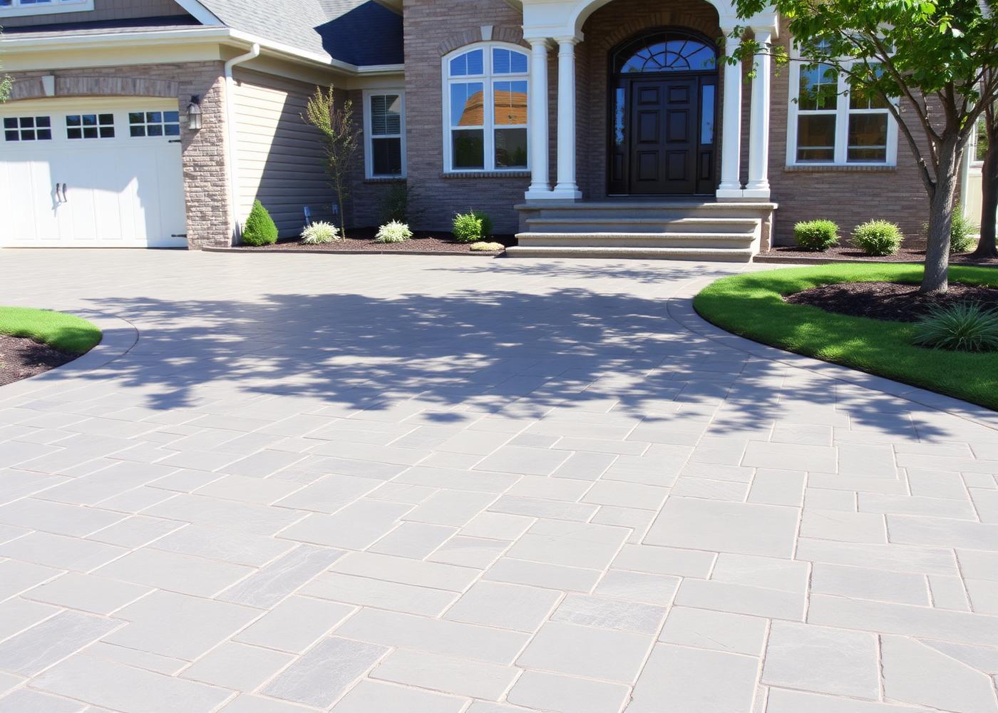 Stamped concrete driveway in front of a suburban home